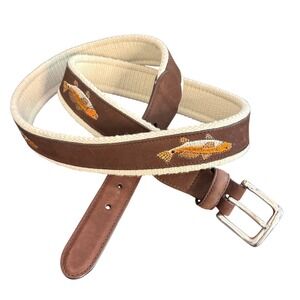 Thomas Bates Embroidered Fish Canvas Leather Belt Mens Size 38 Brown Fishing